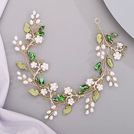 Diadema de novia con hojas de diamantes de imitación verdes, enredadera para el cabello con flores y perlas de cristal, accesorios para el cabello para novias y niñas
