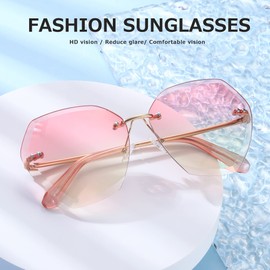 Kimorn Sunglasses Women Oversized Rimless Diamond Cutting Lens Sun Glasses k0534 (Gold Frame Upper Pink Lower Yellow)
