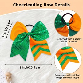 Large Cheer Bows, 8" Jumbo Cheerleading Hair Bows with Elastic Ponytail Holder, Handmade Grosgrain Ribbon Hair Accessories for Girls Softball, Volleyball, School Sports & Cheer Teams(ORN & GRN Sequin)
