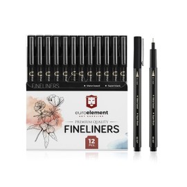 EuroElement Black Fineliner Pens Set Art Supplies 12 Pack Technical Microliner Drawing Pens for Artist, Brush Pens for Handwriting, Calligraphy, Sketching, Illustrations, Drawing
