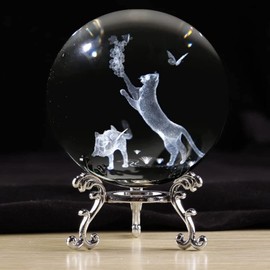vskikris 60mm 3D Cat Crystal Ball Paper Weigt Figurine - Laser Engraved Cat & Grape Design with Stand – Glass Sphere Paperweight & Gift for Cat Lovers, Women,Girls,Daughters