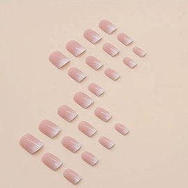 24PCS Press on Nails Short - Square False Nails with Glue - Ombre Stick on Nails for Women - Nude White Fake Nails Glue on - Full Cover Nail Tips Long Lasting DIY French Manicure