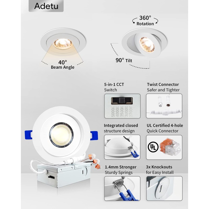 Adetu 4 inch Gimbal led recessed Light, 360°+90° Adjustable Directional