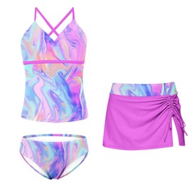 Kimoda Girls 3 Piece Bathing Suits Size 11-12 Kids Purple Tie Dye Swimsuits Tankini Swimwear with Cover Up Skirt