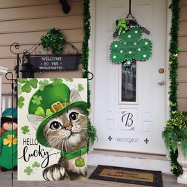 CROWNED BEAUTY St Patricks Day Cat Garden Flag Hello Lucky 12x18 Inch Double Sided for Outside Small Burlap Shamrock Clovers Holiday Yard Decoration