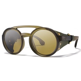 MACJERO Retro Round Steampunk Polarized Sunglasses with Leather Side Shield Vintage Goggles Gothic Eyewear for Men Women(Green)