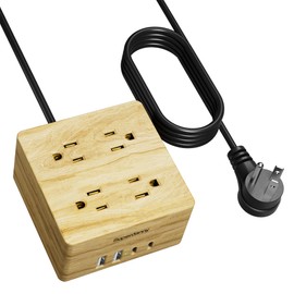 USB Power Strip Surge Protector - SUPERDANNY Desktop Extension Cord with 4 Widely Spaced Outlets & 4 Smart USB Ports, Portable Charging Station for Home, Office, Hotel, Dorm, RV, Faux Wood Grain