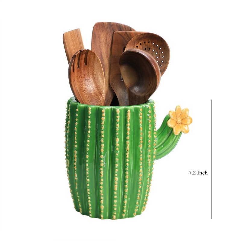 Bicuzat Cactus Shaped Ceramic Kitchen Utensil Holder, Large Cooking Utensil