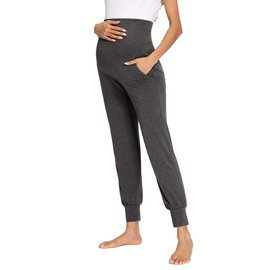 fitglam Women's Maternity Pants Over Belly Lounge Pajamas Clothes Pregnancy Must Haves Joggers with Pockets Dark Heather Grey