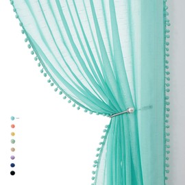 Treatmentex - Paneles de cortina transparentes de pompones de 84 pulgadas de largo para sala de estar, recámara, cortinas de ventana para escuela, jardín de infantes de 52 pulgadas de ancho cada