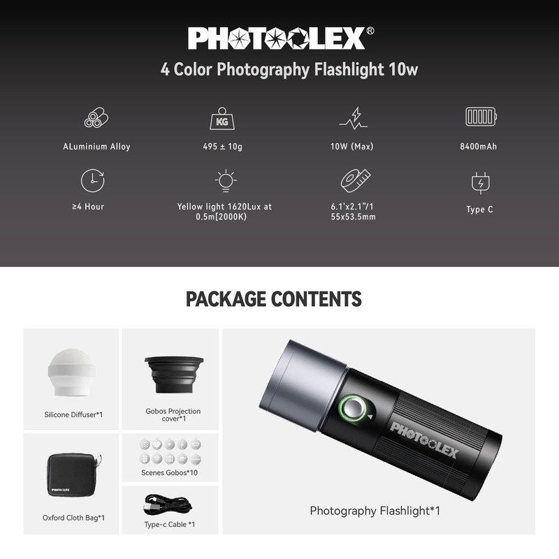 PHOTOOLEX 4 Colors Photography Flashlight with 20 Magnetic Pattern Gobos,
