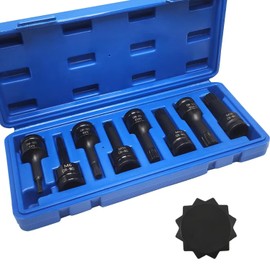 JEUCLEL 8PCS Impact Spline Bit Socket Set, M5 M6 M8 M10 M12 M14 M16 M18 Triple Square Metric 1/2-Inch Impact 10mm Triple Square Socket Kit, Cr-Mo Steel Lengthen Hex Screwdriver Socket Adapter
