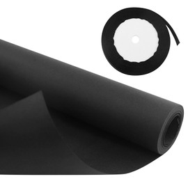 Black Kraft Paper Roll 10m x 38cm Matte Black Paper for Crafts Kraft Paper Large Size for Wedding Birthday with 1 Roll Black Ribbon with Gold Edge