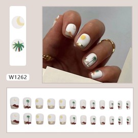 Vezocim Press on Nails Square Short Length 24Pcs Matte Full Cover Artificial White Fake Nails with Coconut Palm Sunset Designs Acrylic Short Coffin False Nails Glue on Fingernails for Women