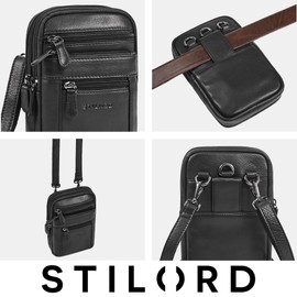STILORD 'Tamo' Small Leather Shoulder Bag Mens - Crossbody, Belt Waist Bag, Carabiner & Neck Pouch | Multifunctional Genuine Leather Messenger with Long Strap, Colour:Black