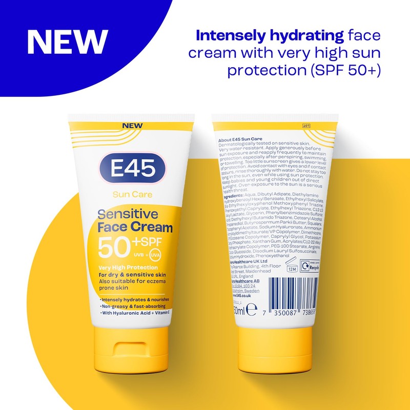 E45 SPF50+ Sensitive Sun Cream for Face with Hyaluronic Acid