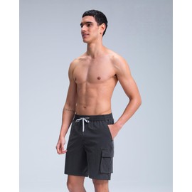 MaaMgic Mens Swim Trunks 9'' Compression Liner 2 in 1 Cargo Shorts Quick Dry Bathing Suit with Pockets,Black,Medium