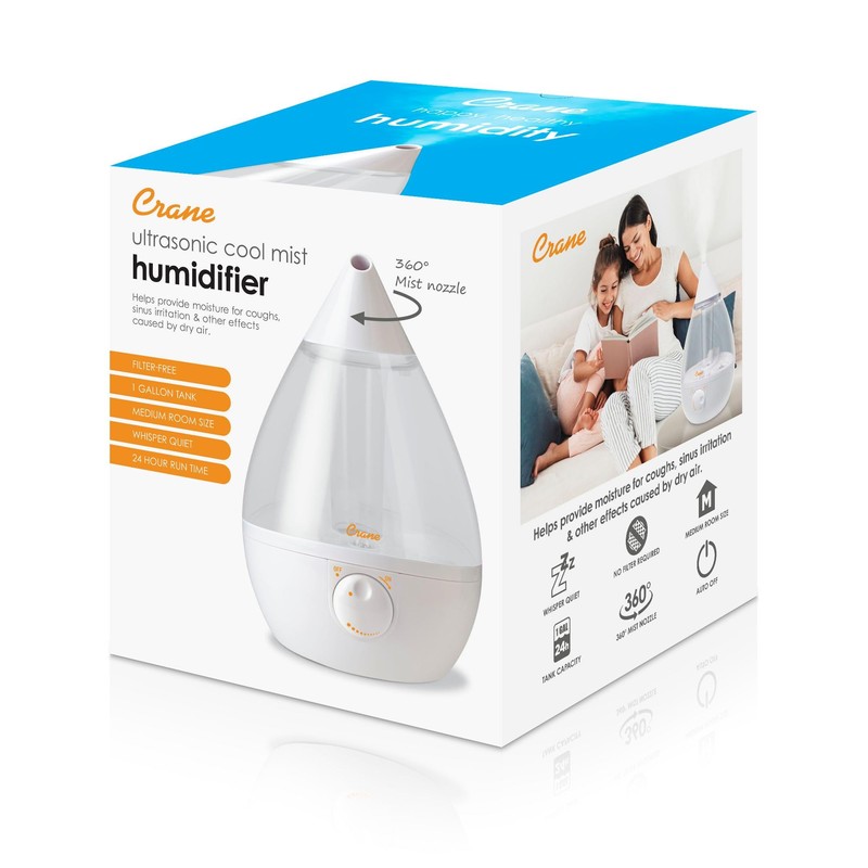 Crane White Teardrop Ultrasonic Cool Mist Humidifier, 1 Gallon Auto