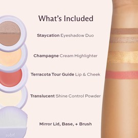 Subtl Staks 4-in-1 Travel Makeup Kit by Subtl Beauty - Eyeshadow Duo, Shine Control Powder, Cream Highlighter, Lip and Cheek - Includes Mirror Lid and Mini Brush - Stackable Makeup Designed for Travel