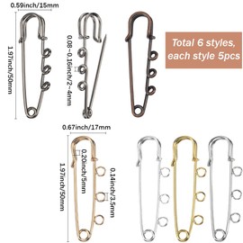 SUNNYCLUE 1 Box 30Pcs 6 Colors Safety Pin Brooch Kilt Pins Bulk Metal Iron Heavy Duty Fastener Decoration Loops Clasp Brooches Findings with 3 Holes for Sewing Blanket Clothes DIY Jewelry Accessories