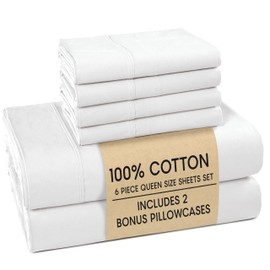Casa Platino 100% Cotton Sheets Queen Size Set - 6 Pieces (1 Flat, 1 Fitted, 4 Pillowcases) - Soft & Breathable Percale Weave - Durable, Cooling Bed Sheets with 15" Deep Pockets - Pure White Sheet Set