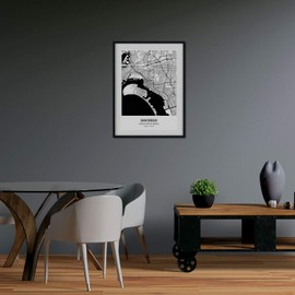 Nacnic San Diego USA SINGLES OF THE UNITED STATES CITIES WITH SEAS AND RIVERS IN BLACK COLOUR A4 SIZE FRAMED