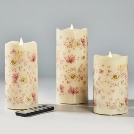Eywamage Fiber Optic Flameless LED Pillar Candles with Remote, Floral Candles Battery Operated Flickering Set of 3, Christmas Gifts