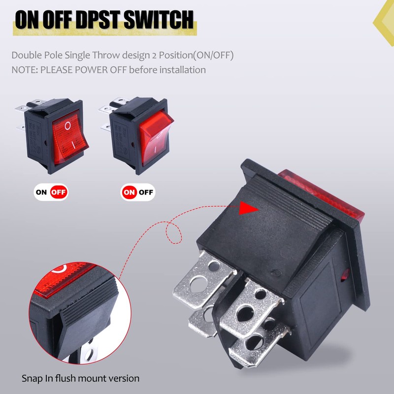 Twidec/2Pcs Rocker Switch AC 10A/125V 6A/250V DPST 4 Pins 2