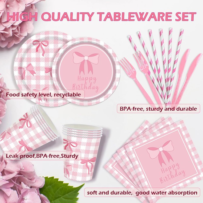 168Pcs Pink Bow Birthday Decorations Party Supplies Include Pink Bow