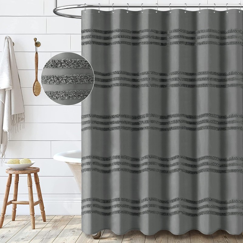 Dynamene Charcoal Grey Fabric Shower Curtain, Tufted Chenille Striped Cloth