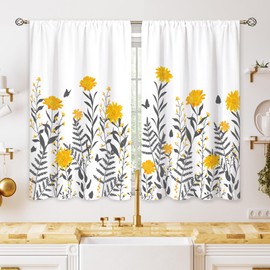 oolygoo Yellow & Gray Flower Small Kitchen Curtains Floral Window Treatment Wildflower Rod Pocket Cafe Short Window Curtains for Bathroom Dining Laundry Room Plant Tier Treatment Drapes 27.5x39 inch
