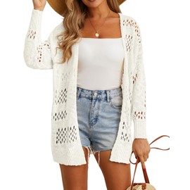 GRECERELLE Crochet Cardigan for Women Summer Beach Cover Up Lightweight Hollowed Out Open Front Long Cardigans Ladies Sun Protection Beachwear (White, XL)