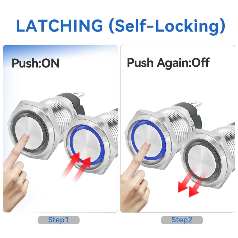 UL Listed15Amp Push Button Switch 16mm 0.63" Latching Switches Waterproof