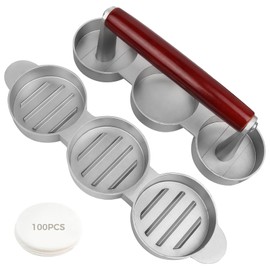 Toyosport Heat Resistant DIY Hamburger Patty Press Mold, Aluminum Alloy 3-Grid Burger Press with 100 Pcs Paper Liners, Wooden Handle, Non-Stick Surface for Homemade Burgers, BBQ, and Outdoor Cooking