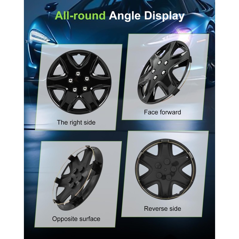 SCITOO(4-Pack) Stylish 15-Inch Black hubcaps, Compatible with Various Vehicles, Easy