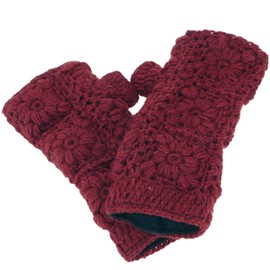 GURU SHOP Crocheted Flower Hand Warmers, Arm Warmers Made of Virgin Wool, Pulse Warmer, Men/Women, Red, Size: One Size, burgundy