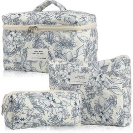 3Pcs Cotton Quited Makeup Bag Set, Quilted Makeup Bag, Large Floral Cosmetic Bag for Women, Cute Cotton Makeup Bags, Flower Travel Toiletry Organizer Bag makeupbag set - Color: 004