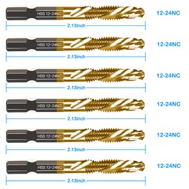6-pc 12-24NC Combination Drill Tap Bit Set SAE, 12-24NC Thread Size, Titanium Coated High-Speed Steel, Ideal for Drilling Threading and Countersinking in Soft Metal Wood and Plastic, 1/4” Hex Shank