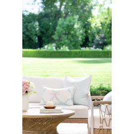 Hofdeco Premium Coastal Grandmillennial Patio Indoor Outdoor Throw Pillow Cover Only, 20"x20" Water Repellent for Backyard, Couch, Poolside, Baby Blue Pink Print Stripes
