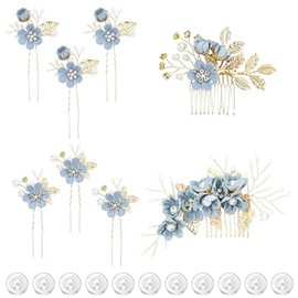 20 Pack Dusty Blue Bridal Hair Accessories, Pearl Flower Hair Pins Comb Set, Wedding Hair Pieces Headpiece for Brides Bridesmaids Women Girls (Light Blue)