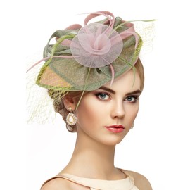 Zinniday Derby Fascinators Hat for Women - Pink and Green Feather 1920s Kentucky Hats with Detachable Headband for Lady Girls Prom Outfit Headwear, (9.64“x7.87” / Head Circumference 21.5“-23.5”)