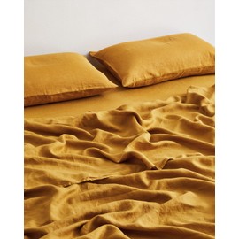 Bed Threads - Linen Flat Sheet - 100% French Flax Linen - 170 GSM - Luxury & Eco-Friendly - Breathable, Durable & Ultra-Soft - Single Flat Top Sheet Only - Machine Washable - Full/Queen - Turmeric