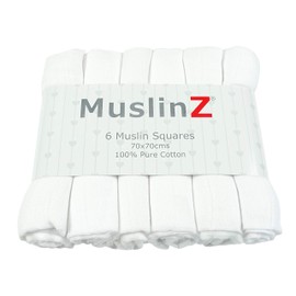 MuslinZ Premium 100% Cotton Baby Muslin Squares 70x70cms (White, Pack of 6)