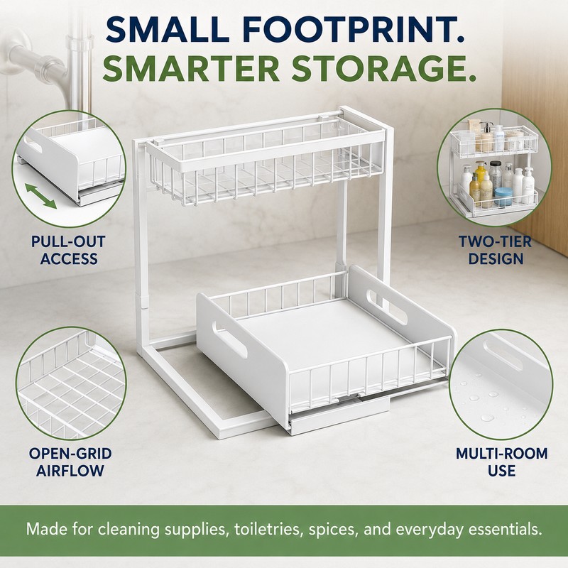 2-Tier Under Sink Organizer Pull-Out Sliding Drawer Rack, White
