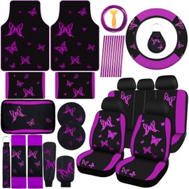 BBTO 47 Pcs Butterfly Car Seat Full Set Butterfly Car Accessories for Women 5 Front Rear Seat Covers Wrist Strap 2 Pieces Cup Mat Armrest Pad 2 Seat Belt Cover Accessories for SUV Car (Purple Black)
