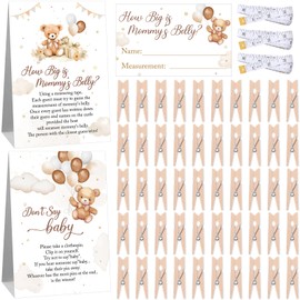 Suzile 105 Pcs Bear Theme Baby Shower Games Include How Big is Mommy's Belly Game Measure Mommy's Belly Sign Don't Say Baby Sign with 50 Mini Clothespins 50 Pcs Guessing Cards 3 Rolls Measuring Tape