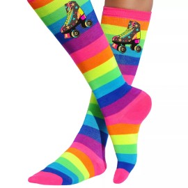 Bubblegum Divas Girls Socks Rainbow Stripe Knee High Stockings Kids Skating Party Roller Skates