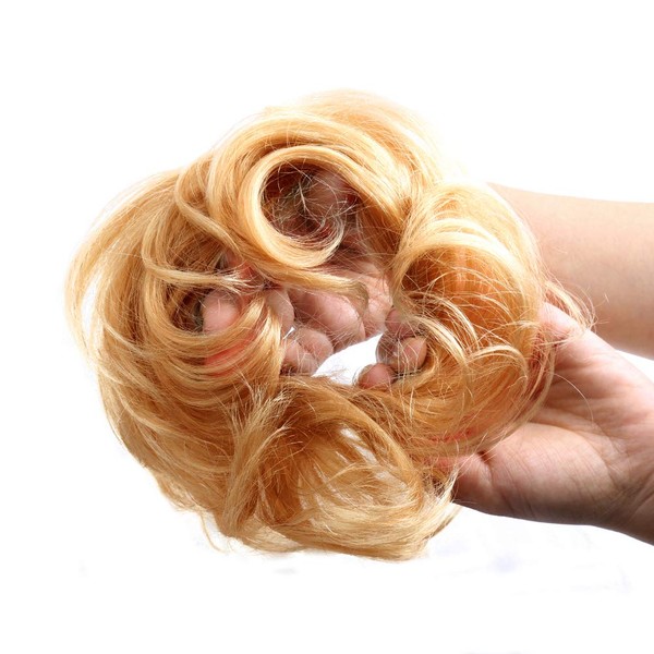 Bella Hair 100% Human Hair Scrunchies for Women Bun Up-Do Hair Piece Wavy Curly or Messy Ponytail Extension (#27 Strawberry Blonde/Light Butterscotch Blonde)