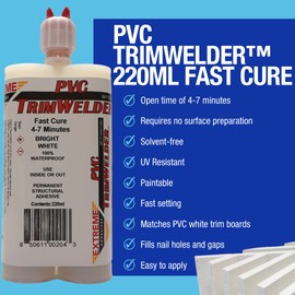 PVC TrimWelder Fast Cure 220 ML Cartridge and 2 Included Qwik Mixers, Will not Foam, Run or Drip, Ready in 10 to 30 Minutes, Medium Viscosity and Solvent-Free White
