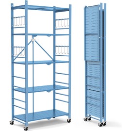 Storage Shelves with 20 Hooks, 5-Tier Foldable Shelves for Storage, Folding Shelf Unit Pantry Shelves with Wheels, Standing Shelving Unit for Kitchen Garage Home Office Room Greenhouse